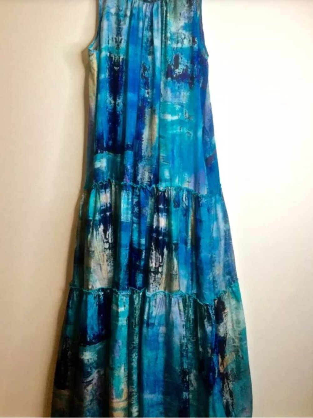 Johnny Was Mint Tiered Silk Maxi Dress Size Large Sea Blue Boho Chic Beach - Picture 15 of 15